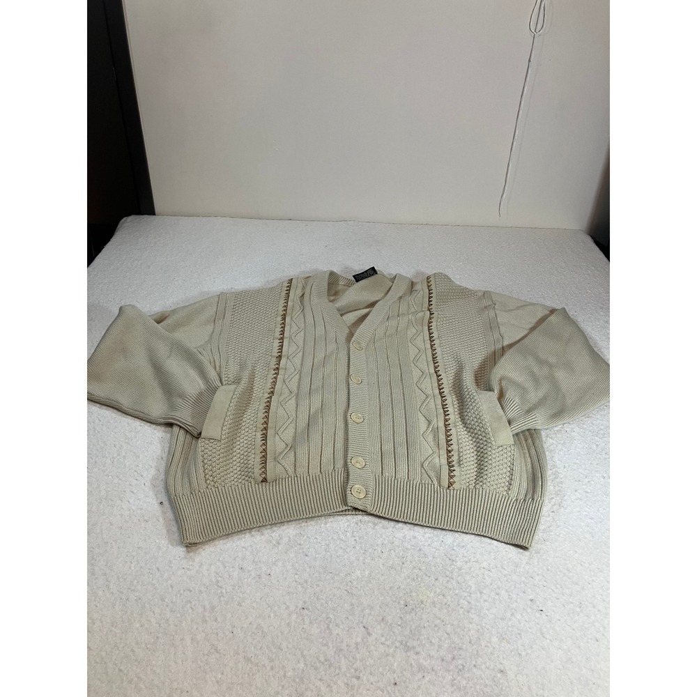 Tuscan Cardigan Sweater Mens Large Beige Ribbed Knit Button Front Long Sleeve